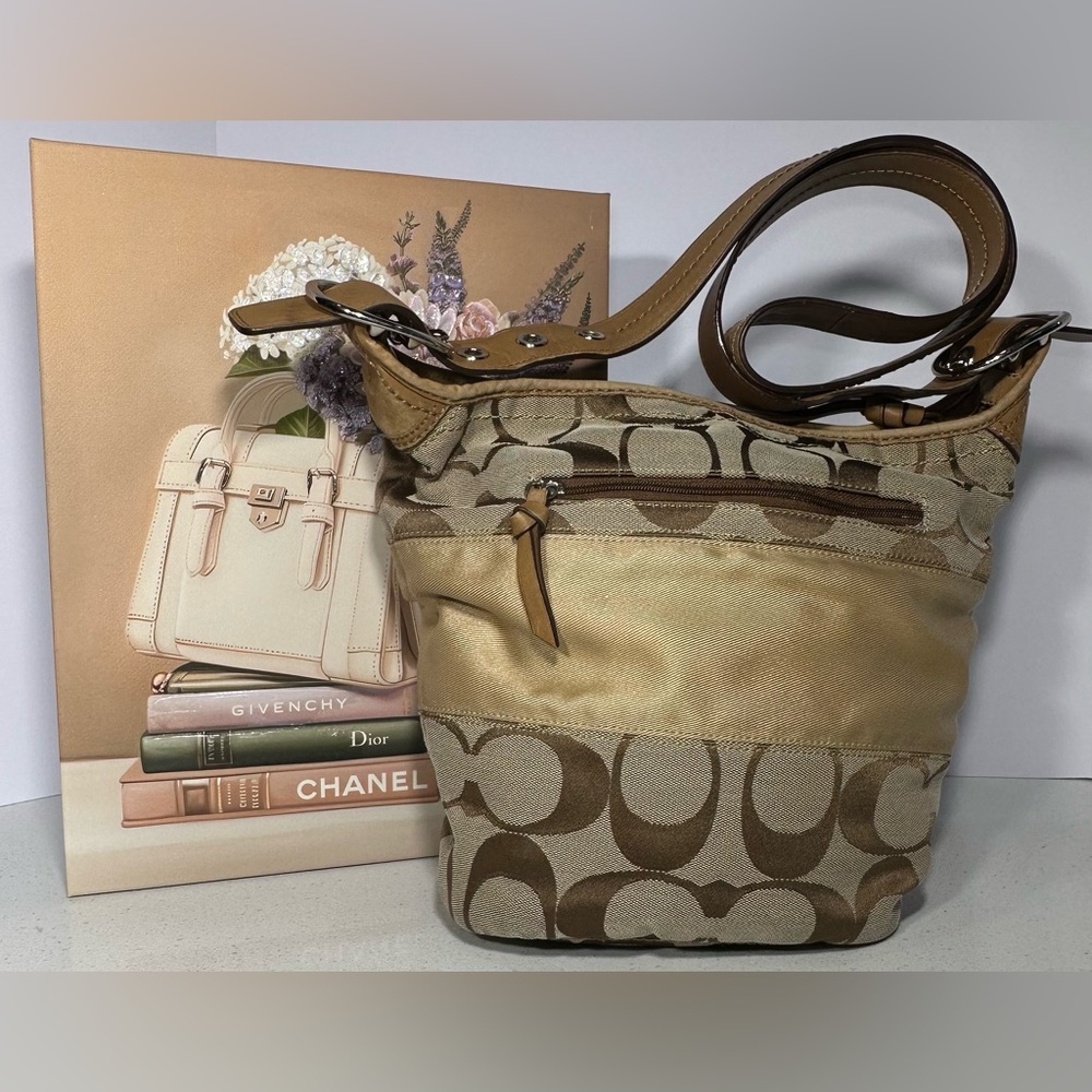 Coach Signature Logo Leather Trim Satchel Shoulder Handbag Purse w/ Guitar Strap